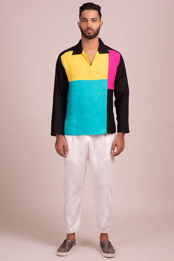 Open Collar Full Sleeve Coloured Blocked Tunic-Style Shirt
