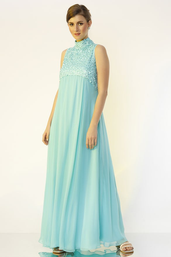 Sea-Green Hand Embroidered Gown