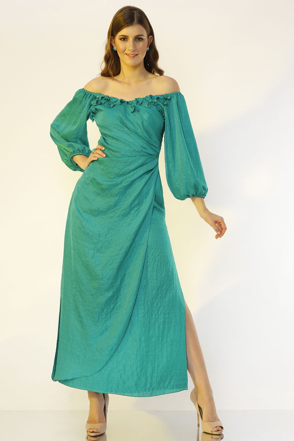 Dark Turquoise Hand Embroidered Gown