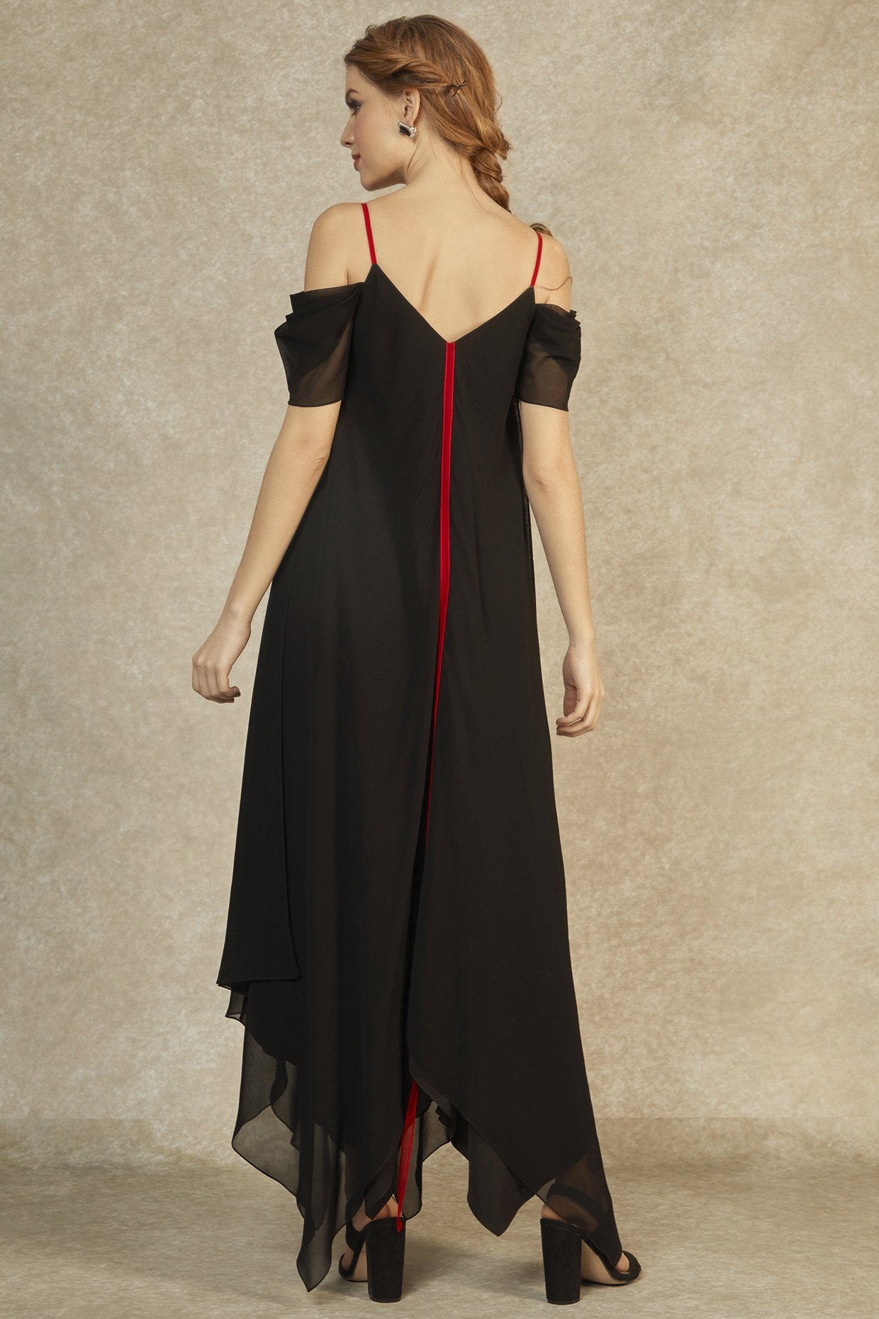 Gown  Black net red thread embroidered gown