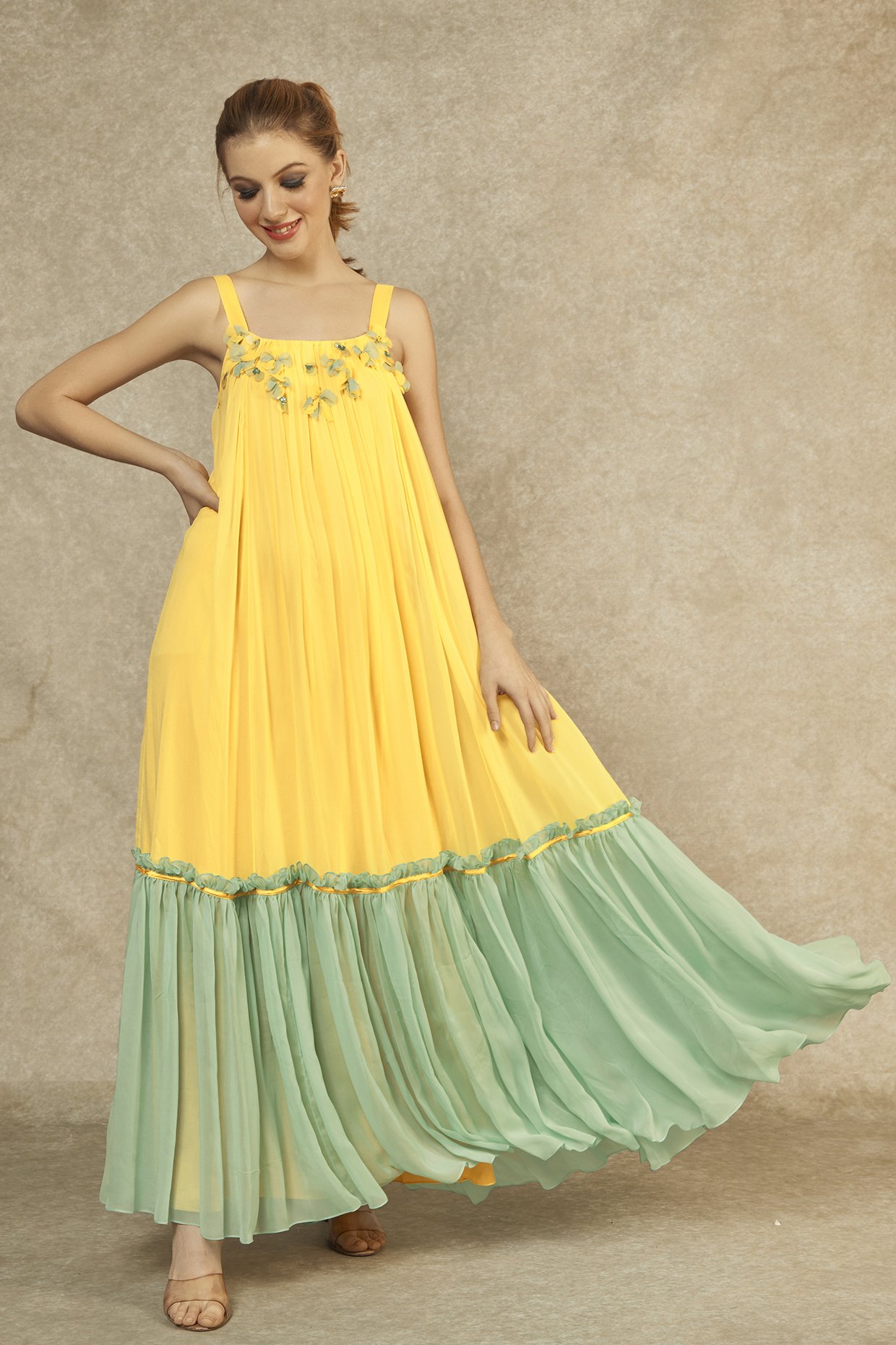 Pretty Yellow Satin Plunging Neck Puffy Prom Dress - Promfy