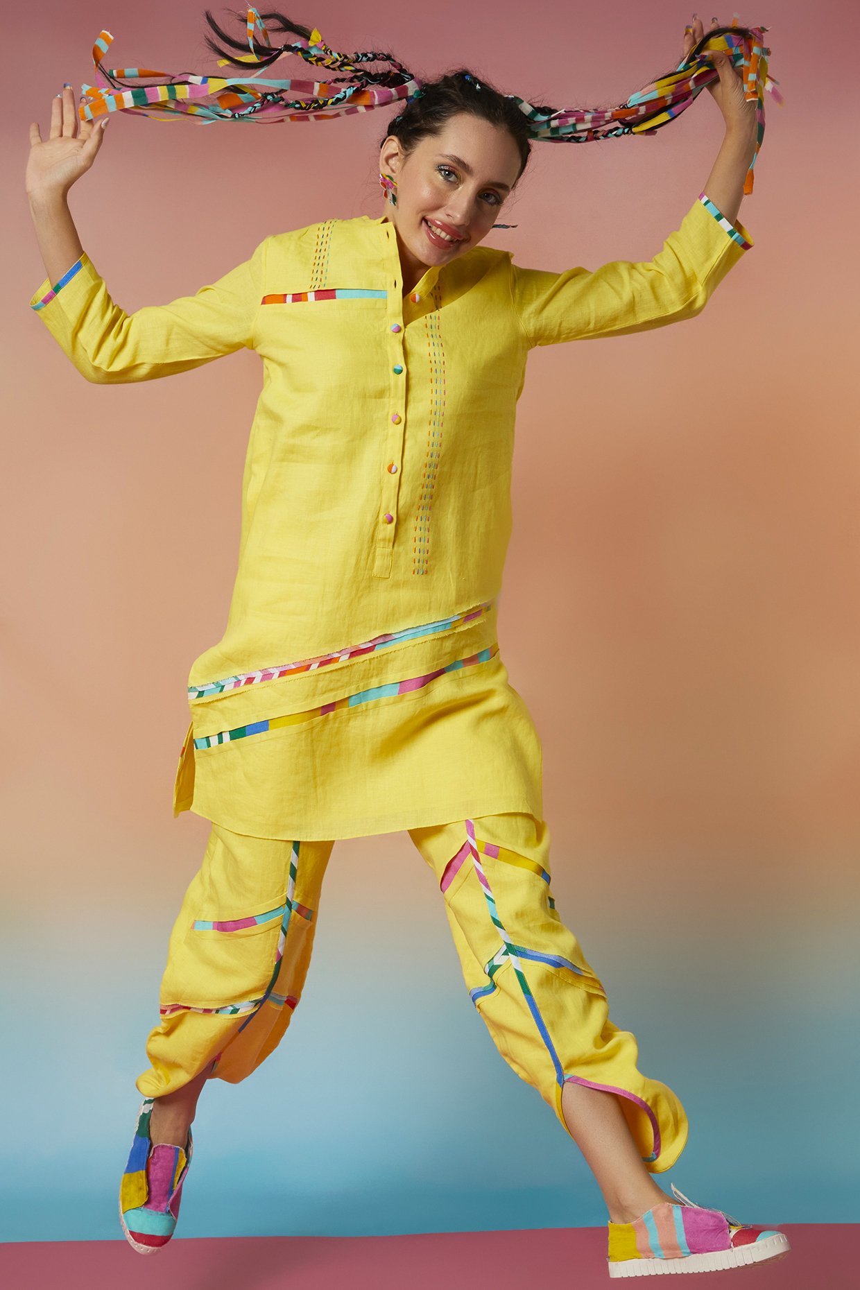 Yellow Linen Band Collar Kurta & Striped Dhoti Pants