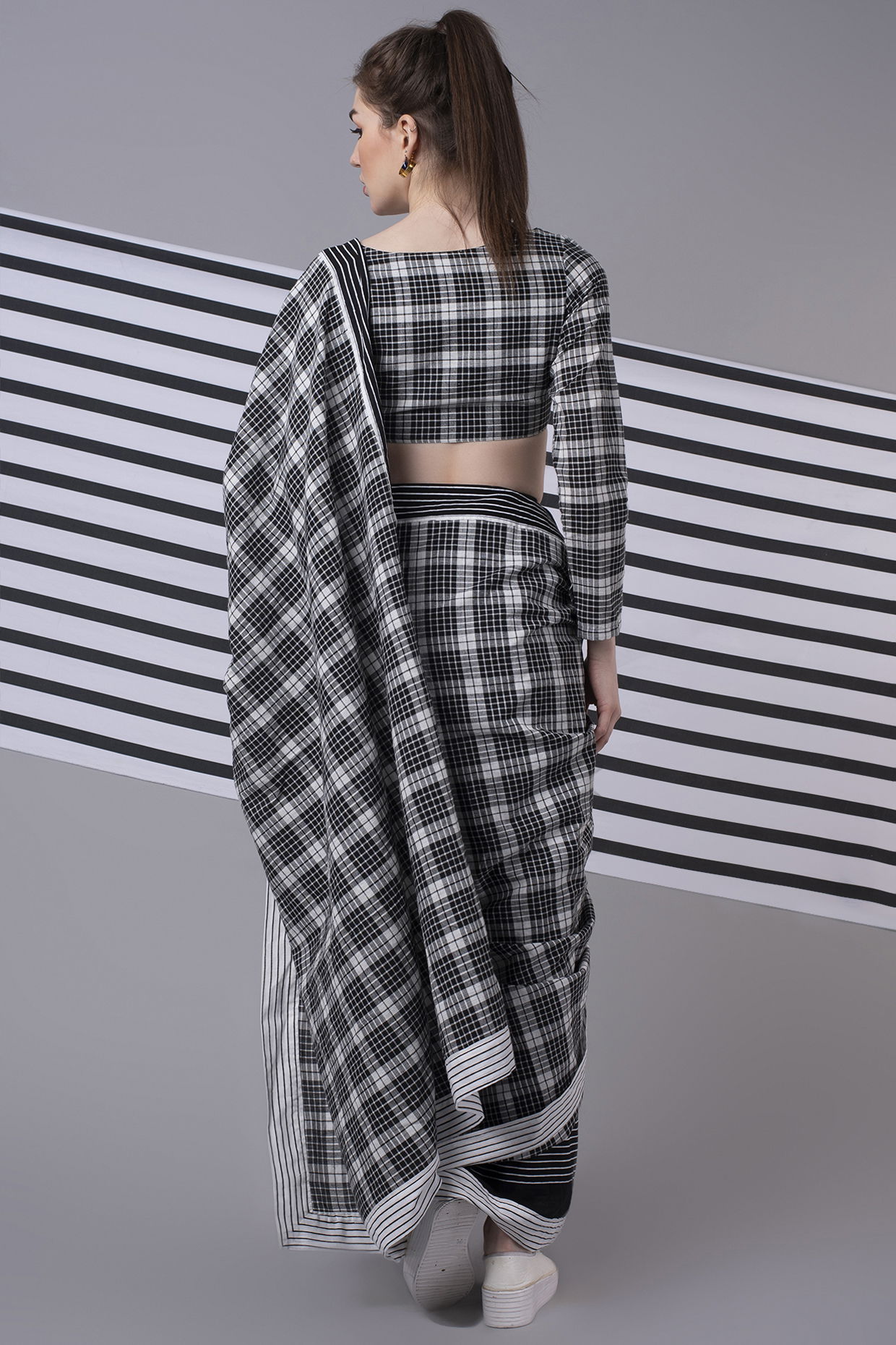 BLACK AND WHITE MADRAS CHECKS SAREE TEAMED WITH BLACK TEXTURED BLOUSE - SVA  Couture