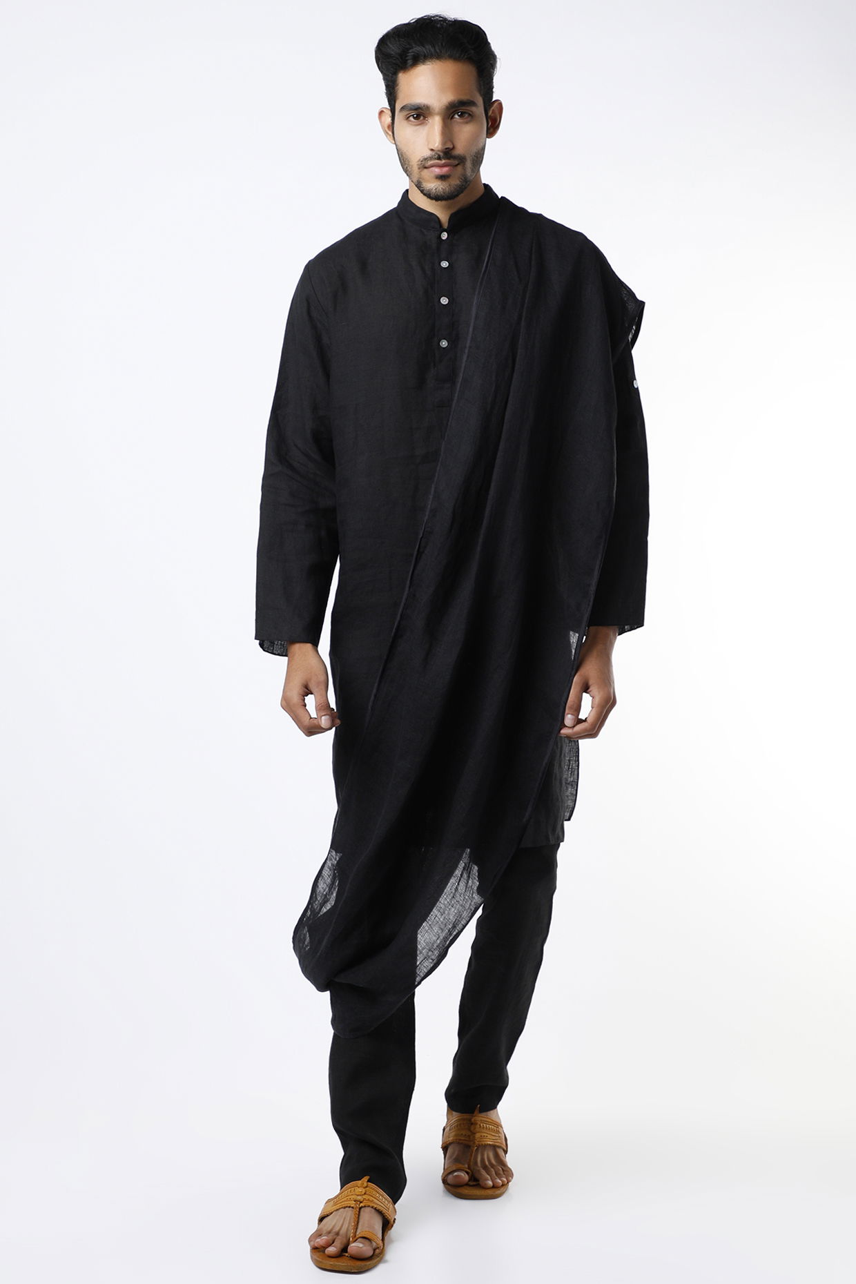 Black Linen Kurta With Drape