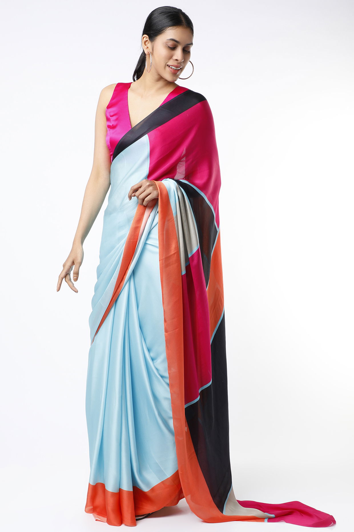 Blue and Beige Solid Colour Blocked Saree - www.indethnic.com