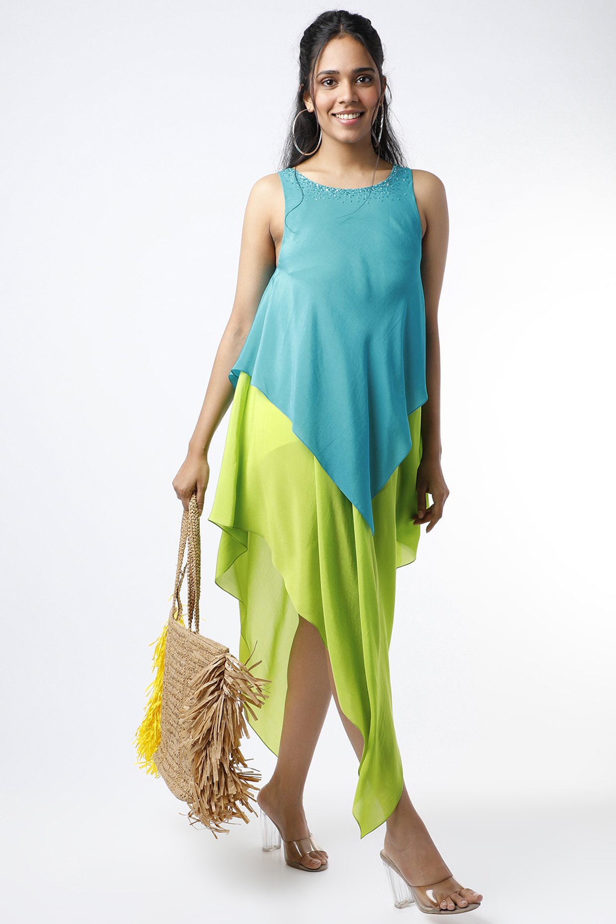 Neon Green Cotton Gathered Dress Design by Mati at Pernia's Pop Up Shop 2024