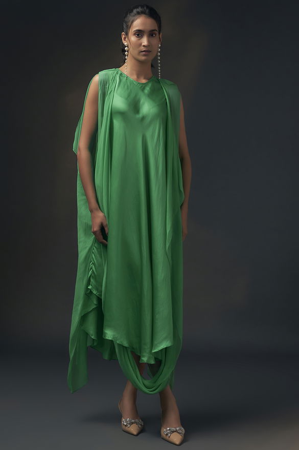 Mint Green Bamberg Satin & Chiffon Cape Dress