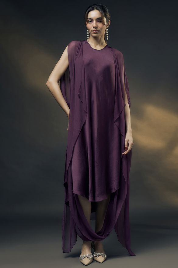 Purple Bamberg Satin & Chiffon Cape Dress