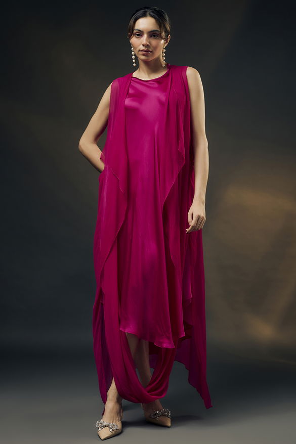 Pink Bamberg Satin & Chiffon Cape Dress