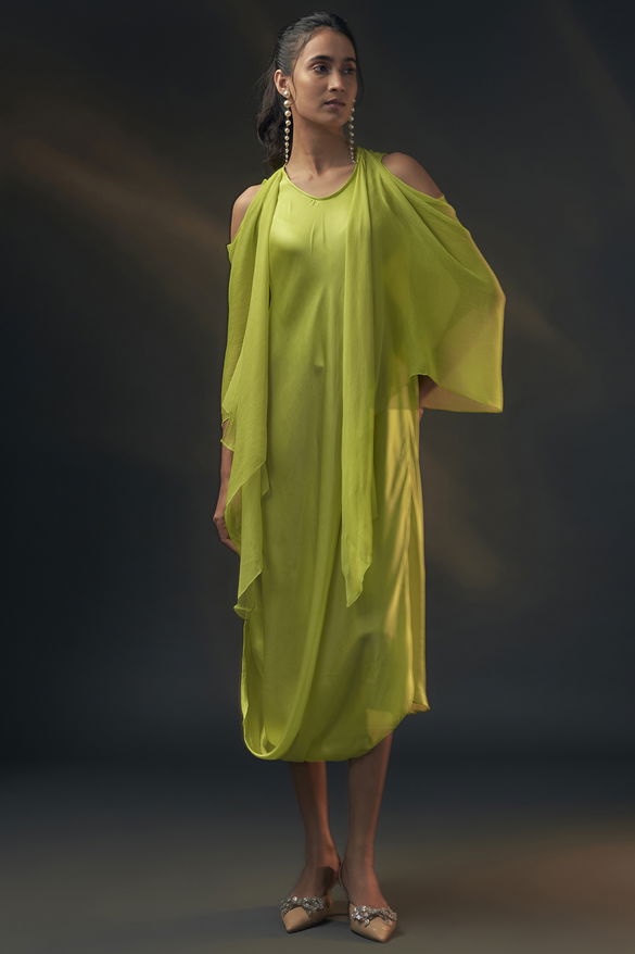 Lime Bamberg Satin & Chiffon Cowl Dress