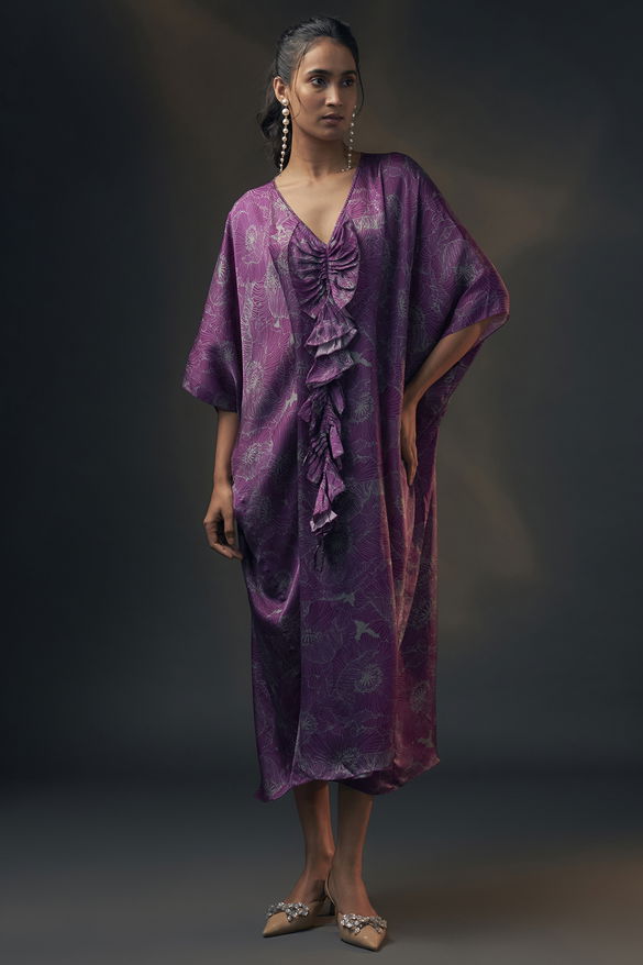 Aubergine Green Bamberg Satin Printed Kaftan