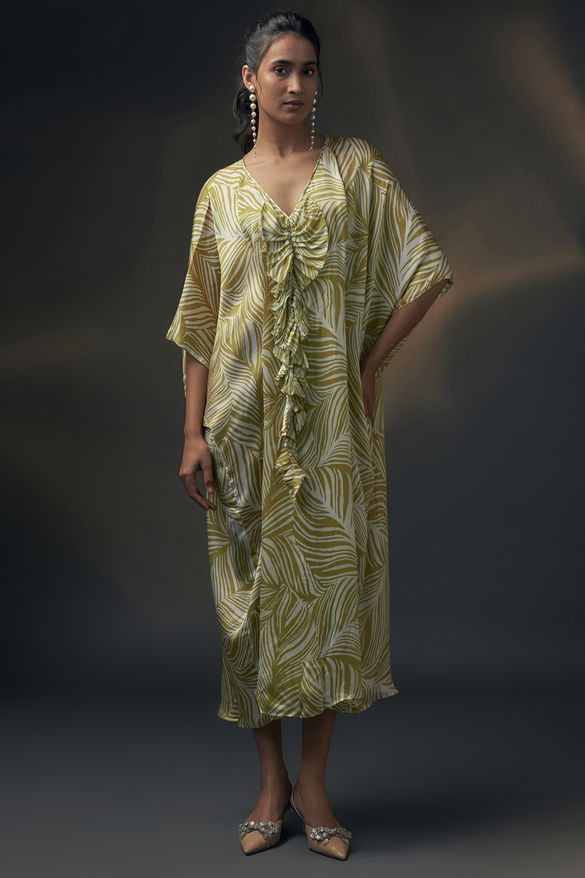 Mustard & Off-White Bamberg Satin Printed Kaftan