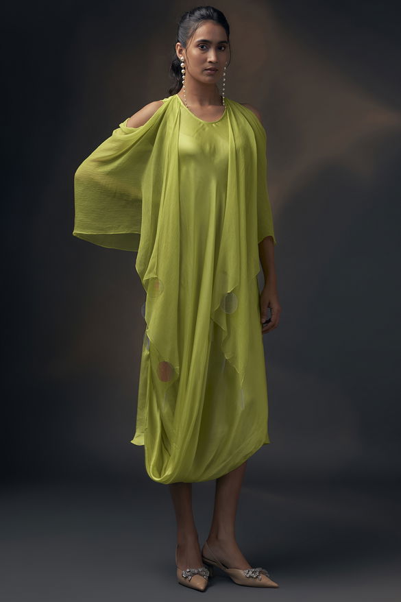 Lime Bamberg Satin & Chiffon Cowl Dress