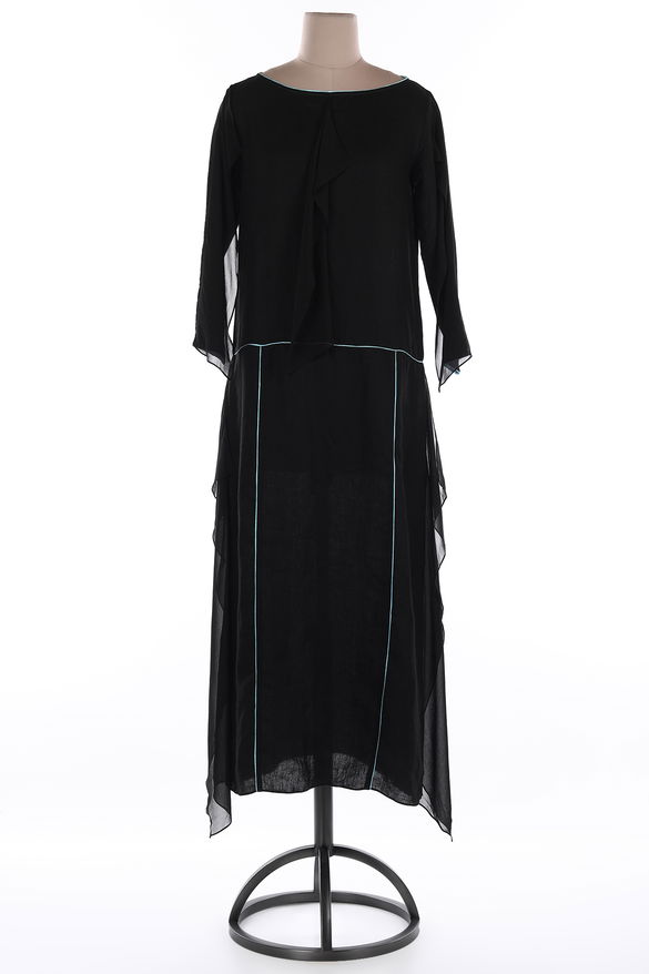 Black Linen Round Neck 3/4 Sleeve Dress With Ggt Detailing