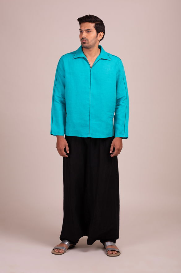 Turquoise Tunic-Style Shirt With Black Piping