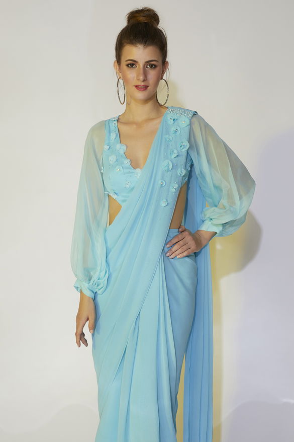 Powder Blue Stitched Skirt Saree Set