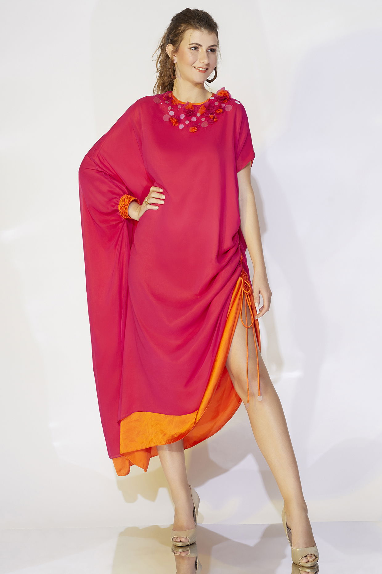 Fuchsia & Orange Side Ruched Kaftan