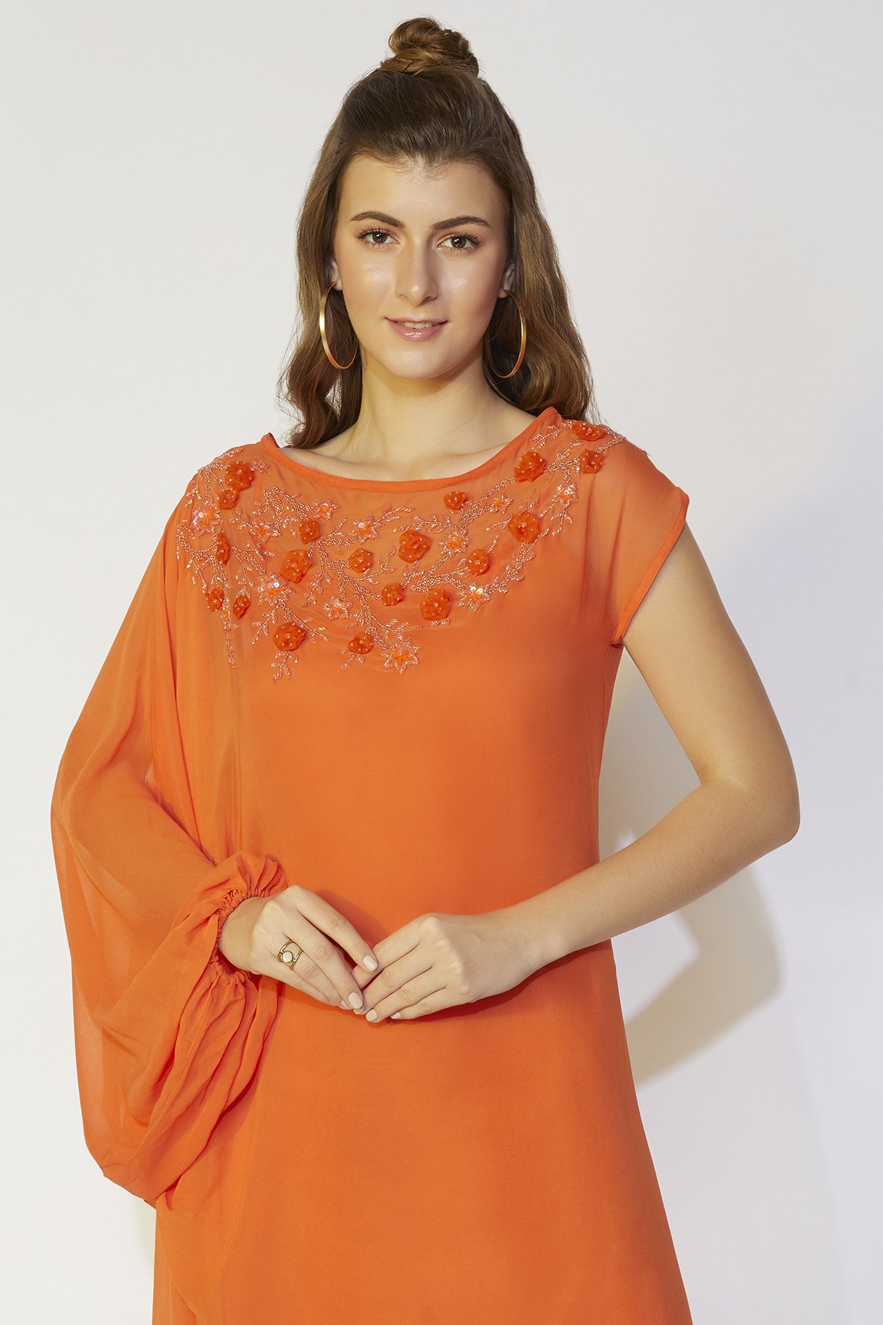 Buy Orange Dress- Chanderi (70% Cotton And 30% Silk) Embroidered 3d Florals  For Women by The White Tree Studio Online at Aza Fashions.