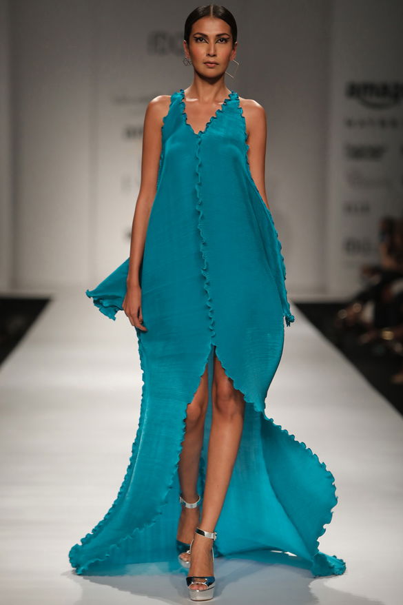 Blue Crinkle Slit Gown