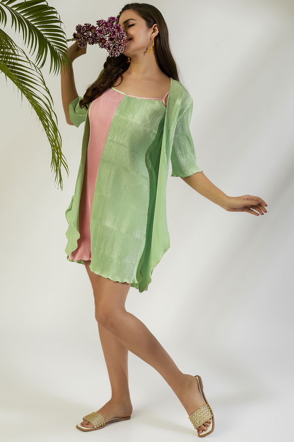 Rose Pink & Sage Green Crinkle Dress With Shrug