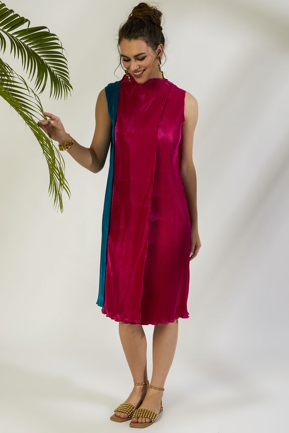 Hot Pink Crinkle Dress With Collar Panel