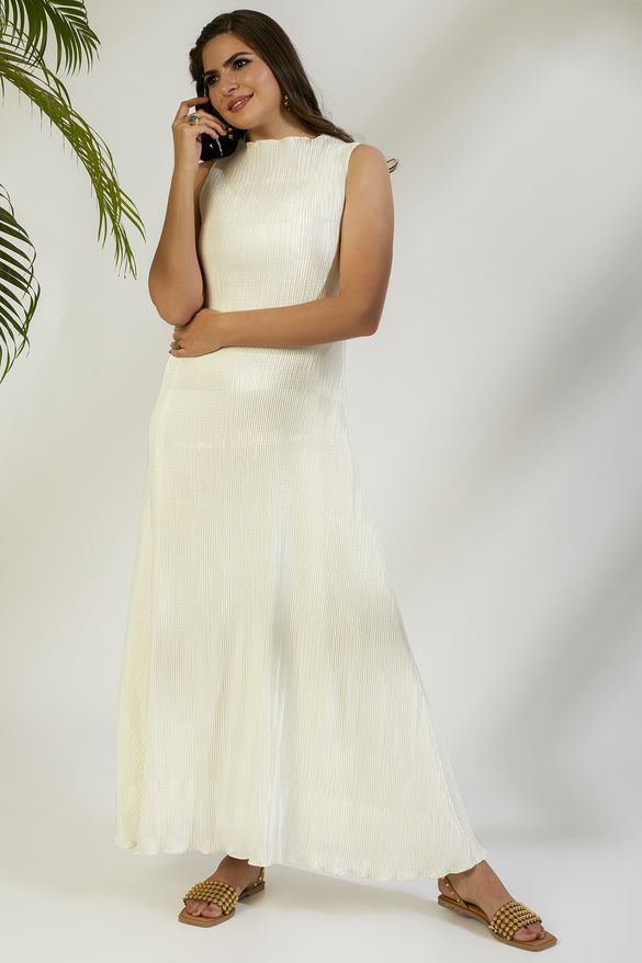 Ivory Crinkle High-Neck Gown