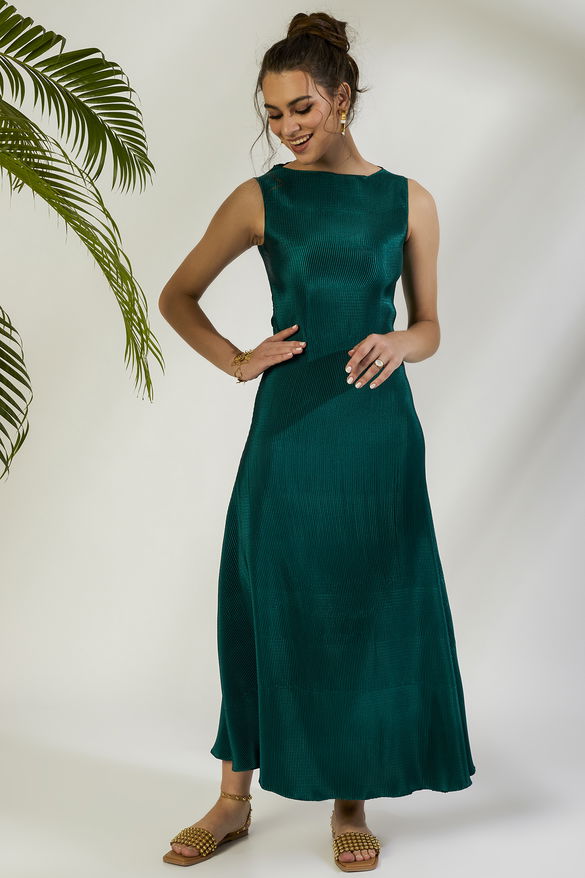 Emerald Crinkle High-Neck Gown