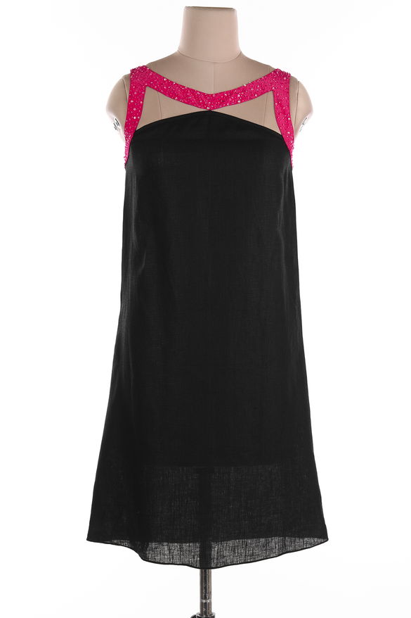 Black Linen Fuschia Broad Strap Dress