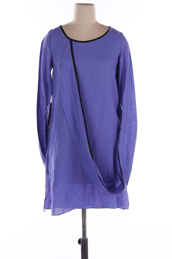 Purple Linen Round Neck Long Dress With Black Piping