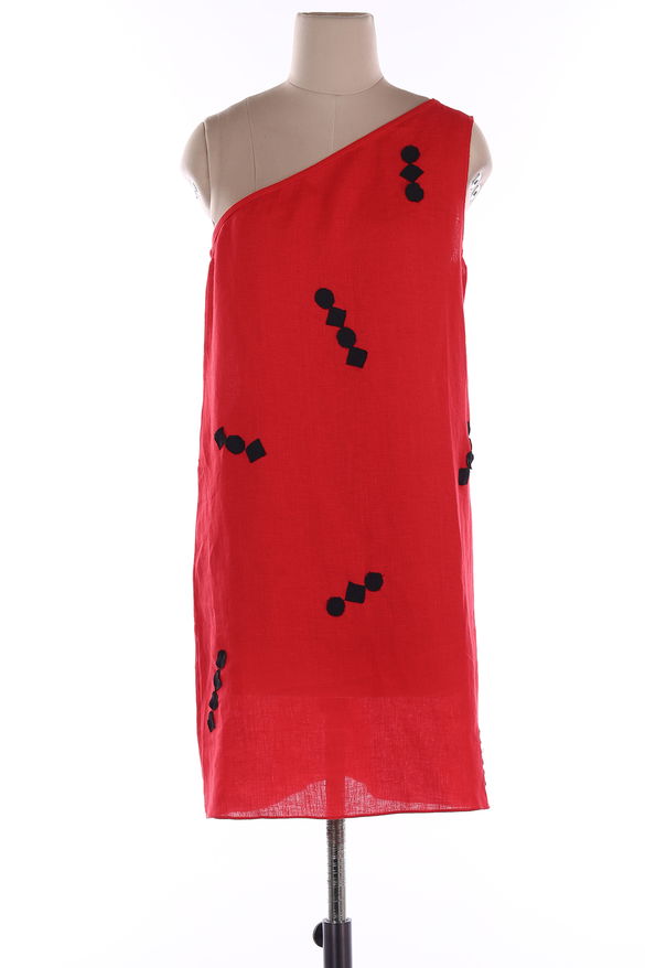 Red Linen One Shoulder Dress With Pleats