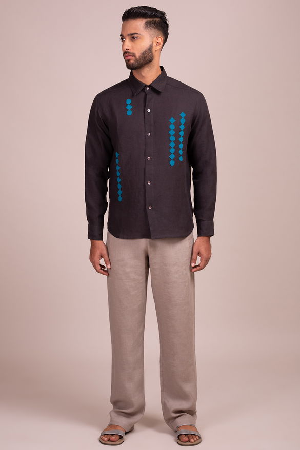 Open Collar Full Sleeve Button Front Shirt With Geometric Applique Detail
