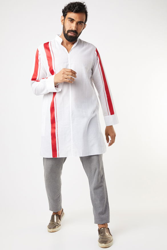 Mundu White Cotton With Orange Stripes Short Kurta