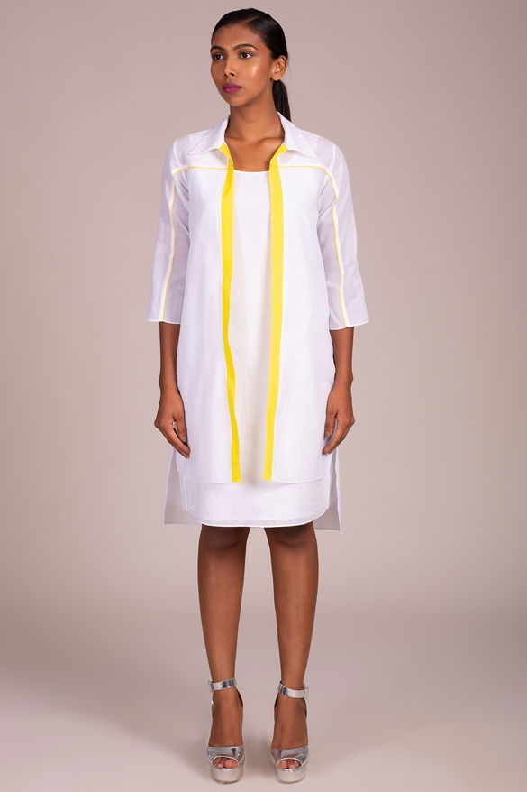 Open Collar 3 Quarter Sleeve Overshirt With Yellow Stripe + Piping Detail