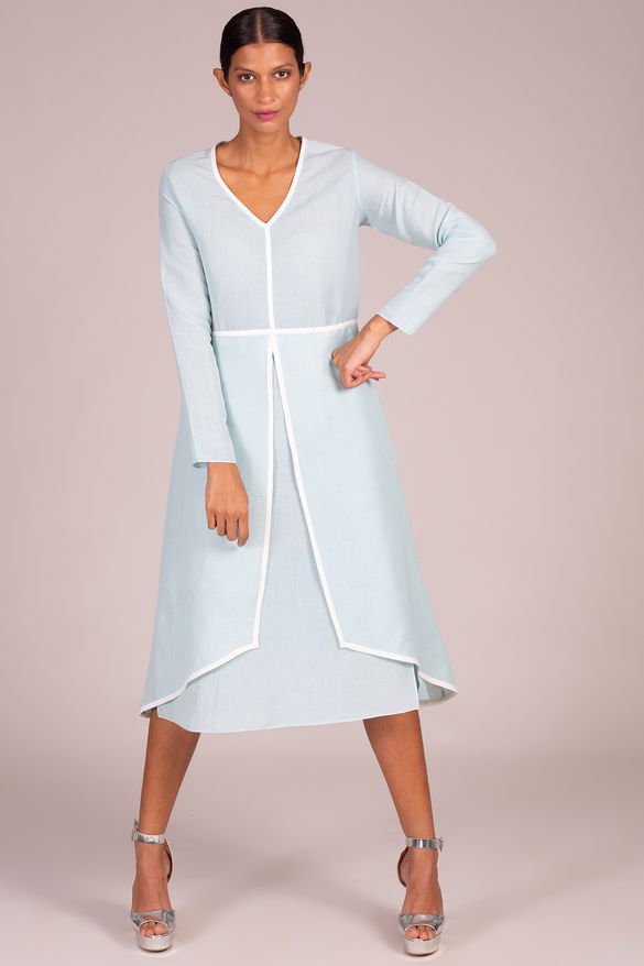 V Neck Full Sleeve Angular Hem Layered Dress With Contrast Piping