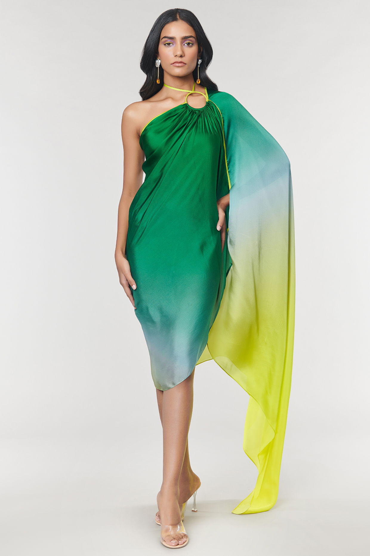 Deals Color’s: yellow, mint green embellished one- shoulder gown