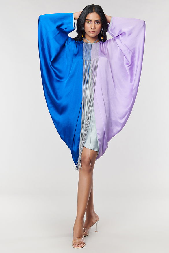Blue & Lilac Half n Half Fringe Yoke Dress