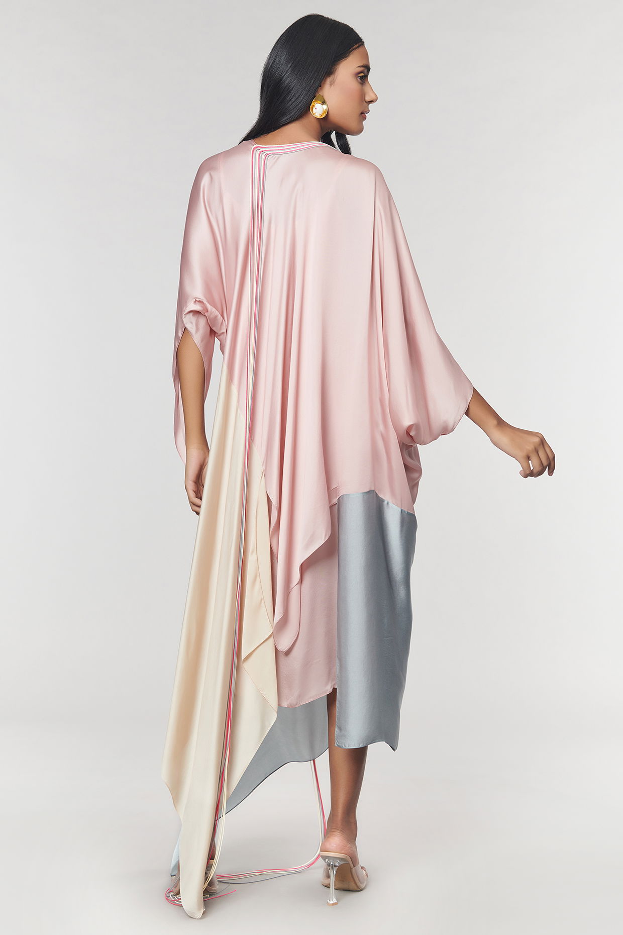 Champagne & Grey Colorblock Fringed Neckline Asymmetrical Dress