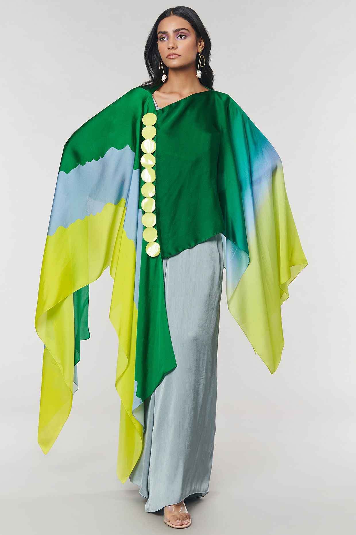 Green Ombre Printed Scalloped Detailed Cape