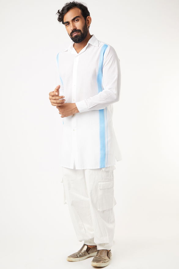 Mundu Cotton White Long Shirt With Blue Stripes