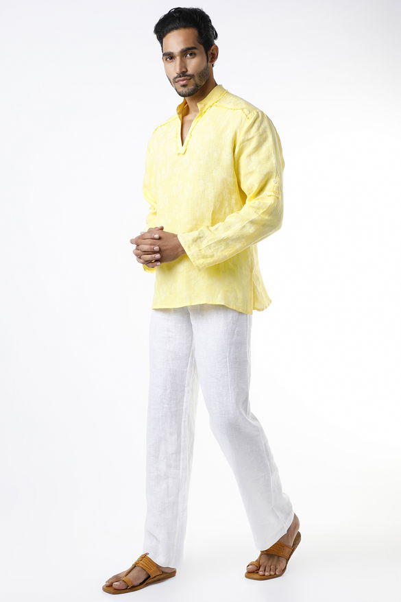Yellow Linen Printed Shirt Kurta